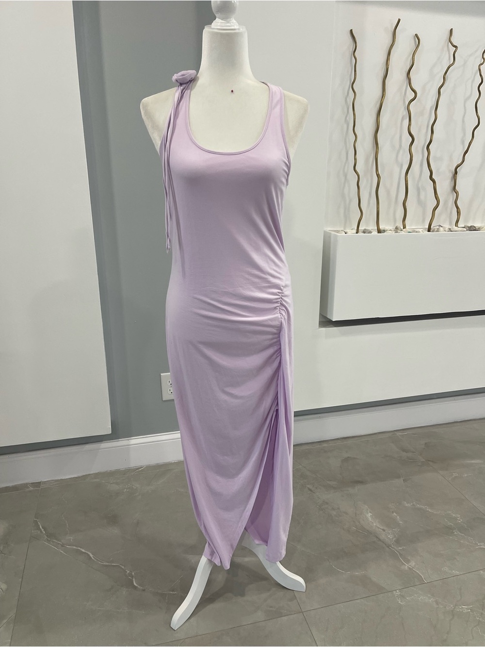 Wayf Lilac Tie-Shoulder Maxi Dress with Side Ruched Drape